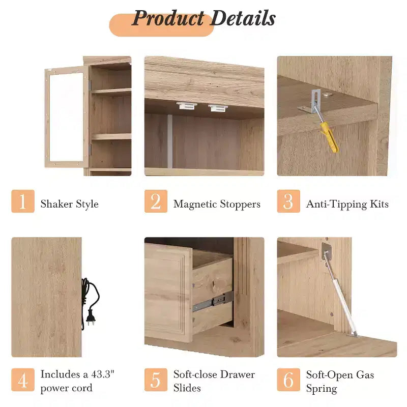 Armoire de cuisine haute avec prises de courant, meuble de rangement autonome avec 3 tiroirs et étagères réglables pour salle à manger