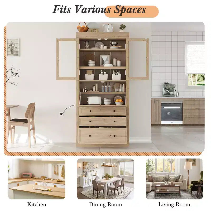 Armoire de cuisine haute avec prises de courant, meuble de rangement autonome avec 3 tiroirs et étagères réglables pour salle à manger