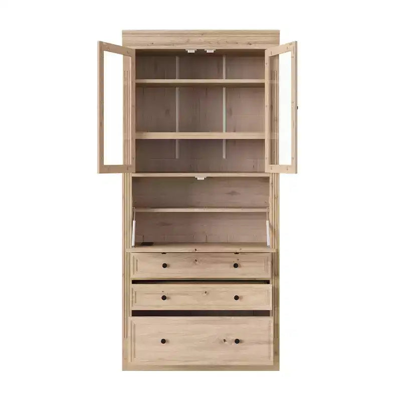 Armoire de cuisine haute avec prises de courant, meuble de rangement autonome avec 3 tiroirs et étagères réglables pour salle à manger
