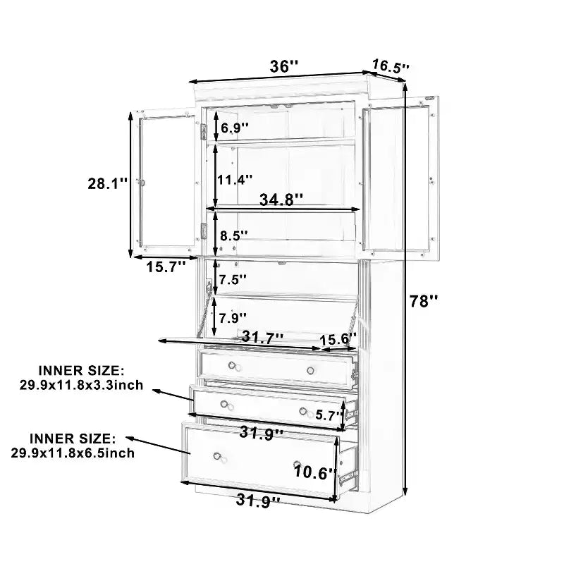 Armoire de cuisine haute avec prises de courant, meuble de rangement autonome avec 3 tiroirs et étagères réglables pour salle à manger