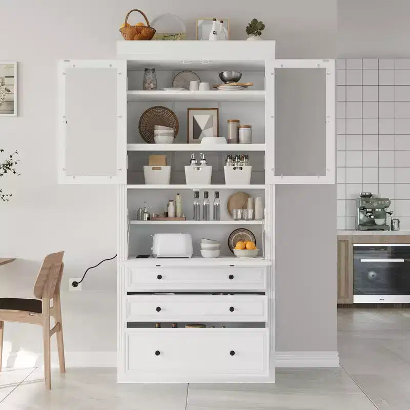 Armoire de cuisine haute avec prises de courant, meuble de rangement autonome avec 3 tiroirs et étagères réglables pour salle à manger