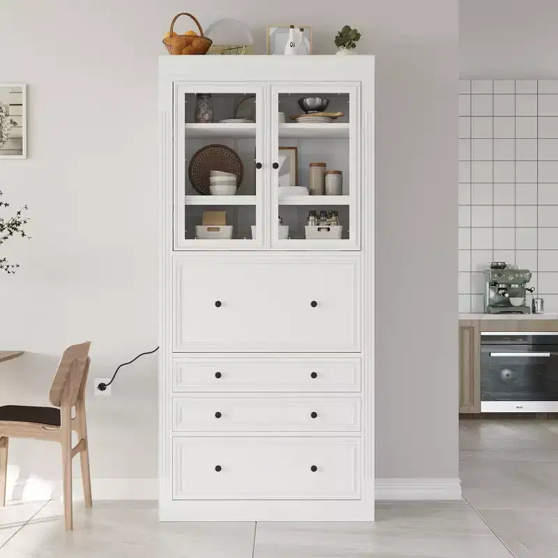 Armoire de cuisine haute avec prises de courant, meuble de rangement autonome avec 3 tiroirs et étagères réglables pour salle à manger