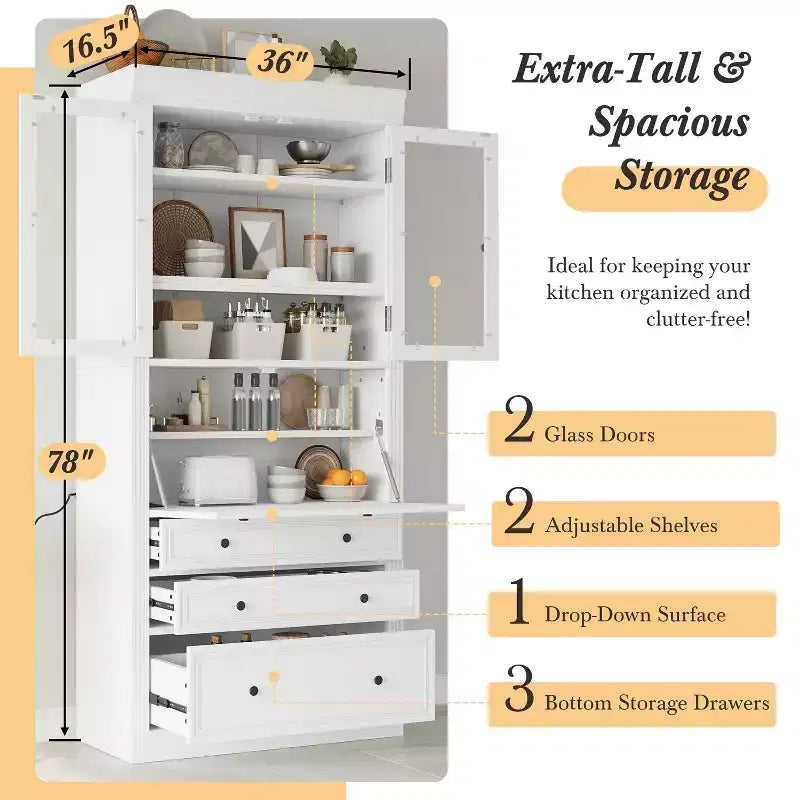 Armoire de cuisine haute avec prises de courant, meuble de rangement autonome avec 3 tiroirs et étagères réglables pour salle à manger