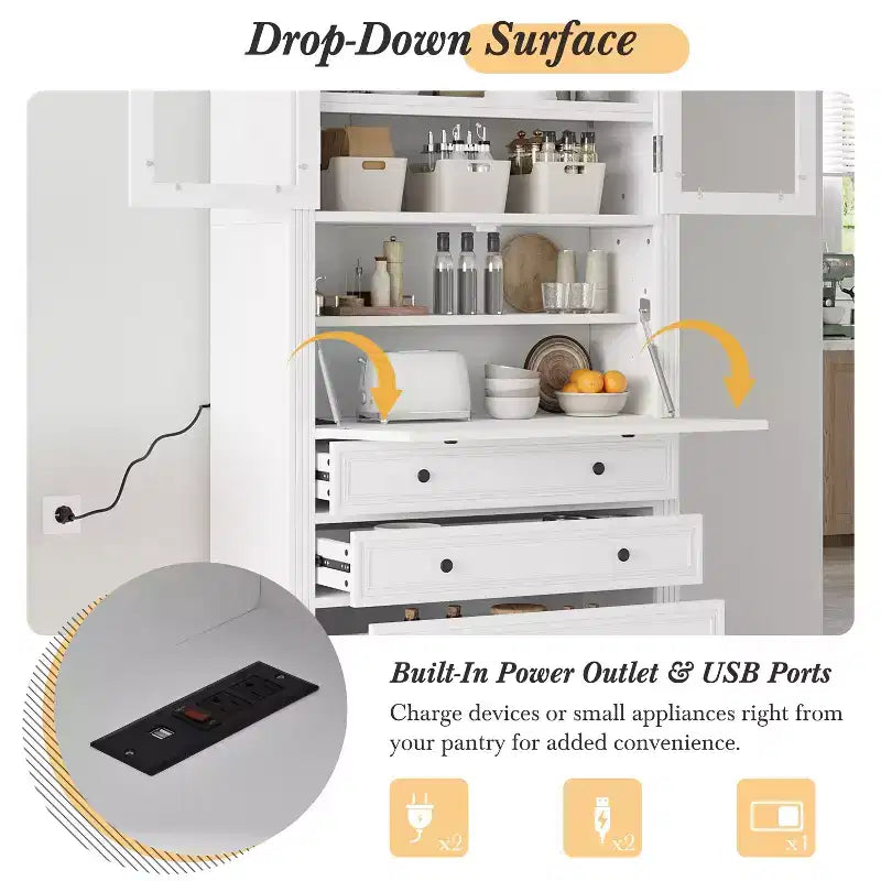 Armoire de cuisine haute avec prises de courant, meuble de rangement autonome avec 3 tiroirs et étagères réglables pour salle à manger
