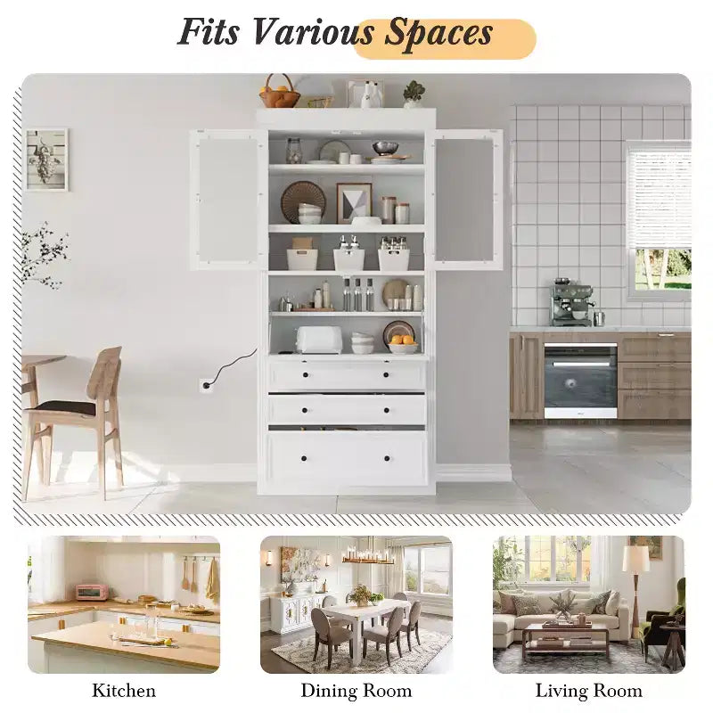 Armoire de cuisine haute avec prises de courant, meuble de rangement autonome avec 3 tiroirs et étagères réglables pour salle à manger