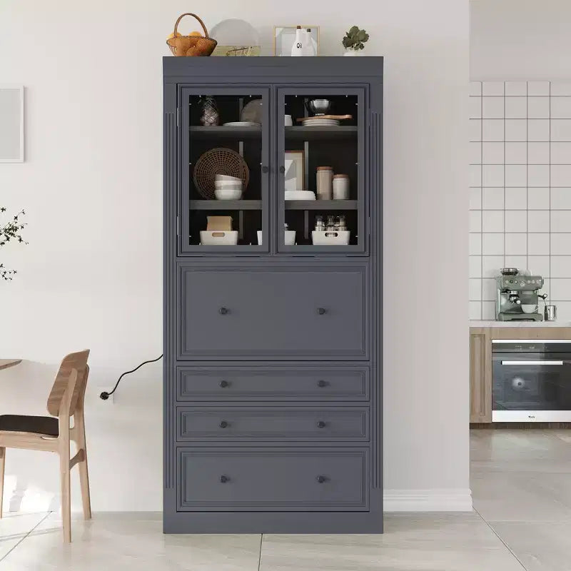 Armoire de cuisine haute avec prises de courant, meuble de rangement autonome avec 3 tiroirs et étagères réglables pour salle à manger