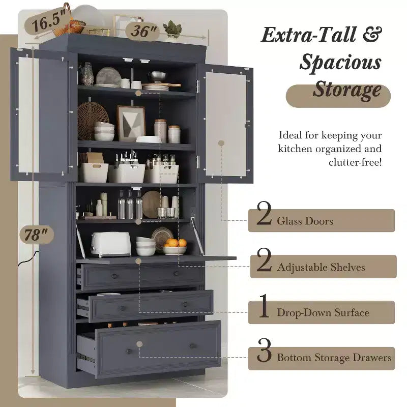 Armoire de cuisine haute avec prises de courant, meuble de rangement autonome avec 3 tiroirs et étagères réglables pour salle à manger