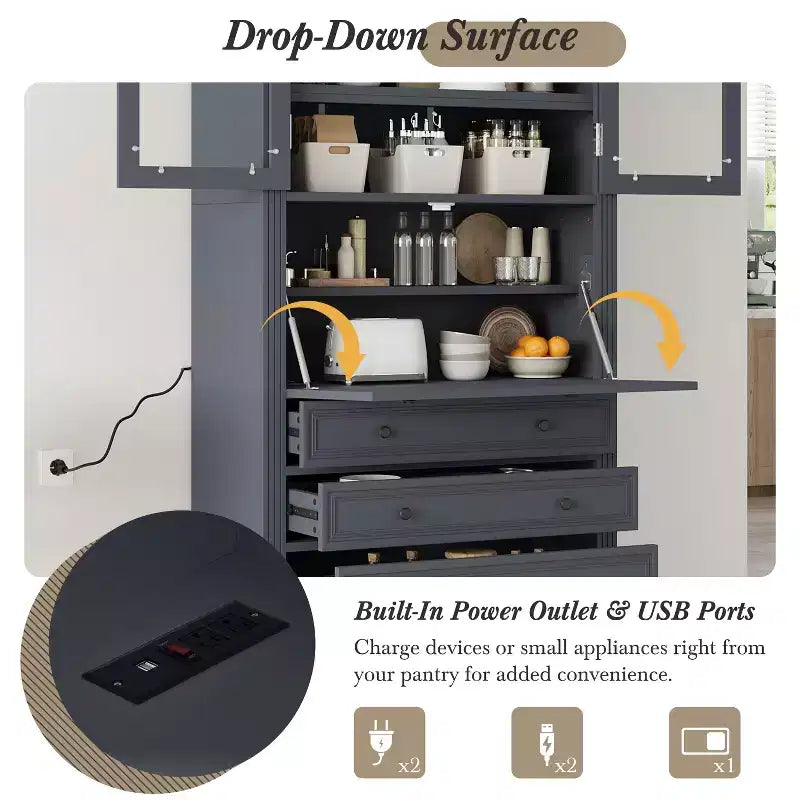 Armoire de cuisine haute avec prises de courant, meuble de rangement autonome avec 3 tiroirs et étagères réglables pour salle à manger