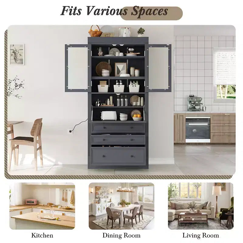Armoire de cuisine haute avec prises de courant, meuble de rangement autonome avec 3 tiroirs et étagères réglables pour salle à manger