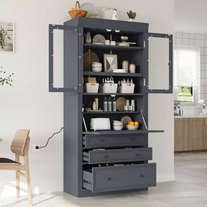 Tall Kitchen Pantry Cabinet with Power Outlets, Freestanding Cupboard with 3 Drawers and Adjustable Shelves for Dining Room