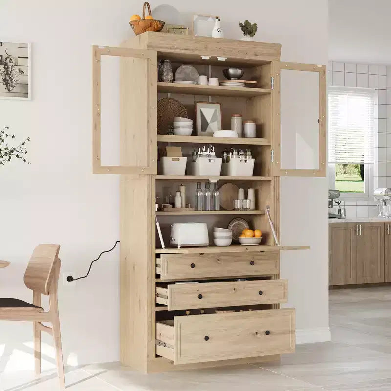 Armoire de cuisine haute avec prises de courant, meuble de rangement autonome avec 3 tiroirs et étagères réglables pour salle à manger