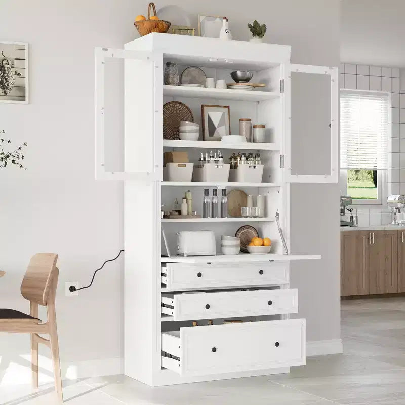 Armoire de cuisine haute avec prises de courant, meuble de rangement autonome avec 3 tiroirs et étagères réglables pour salle à manger