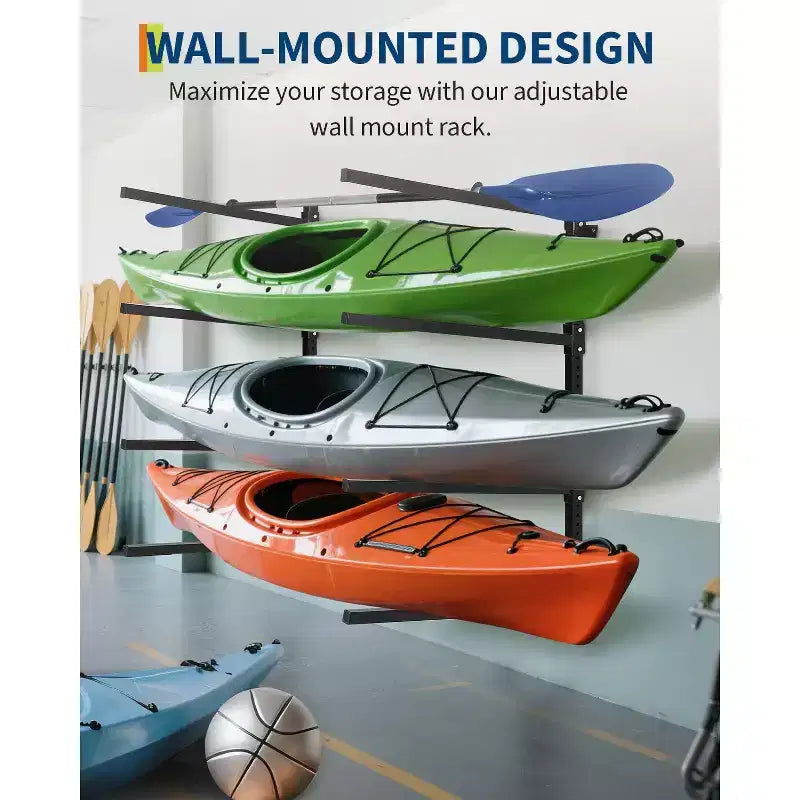 Support de rangement mural robuste et réglable pour 4 kayaks, canoës, paddles ou planches de surf – Capacité de charge 400 lb