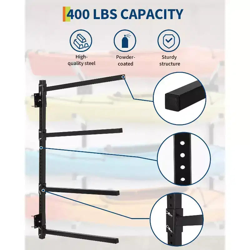 Support de rangement mural robuste et réglable pour 4 kayaks, canoës, paddles ou planches de surf – Capacité de charge 400 lb