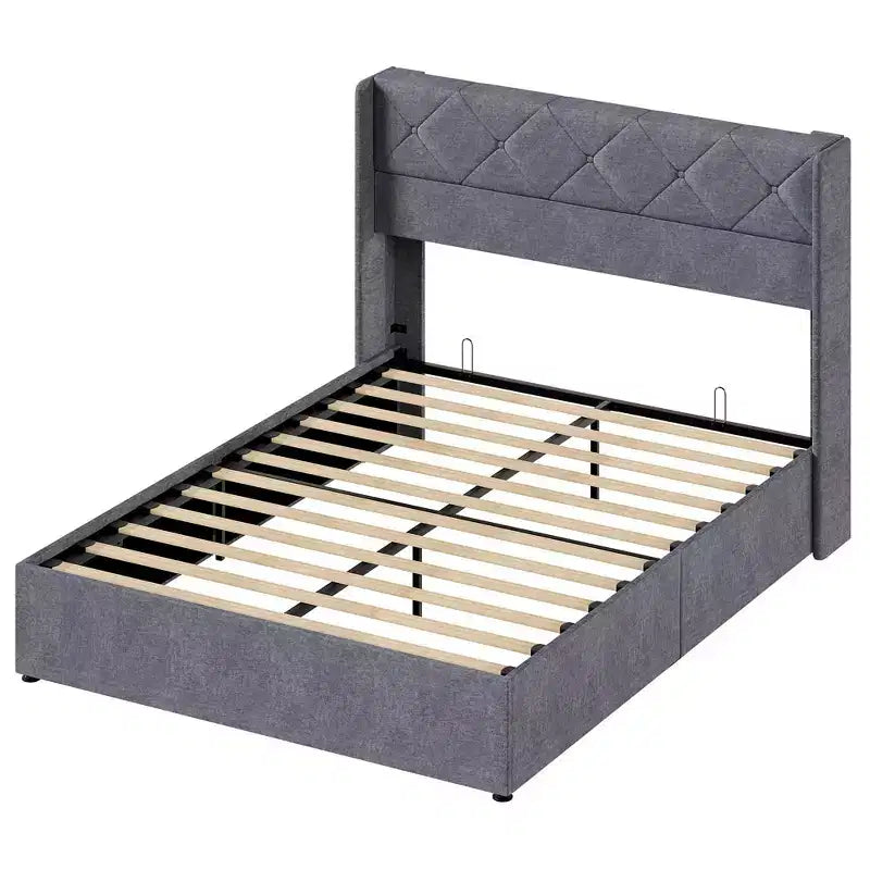 JIONJOY Grey Upholstered Storage Bed Frame, 800 lbs Heavy Duty, 11 Underbed Storage, Noise-Free, Solid Wood, No Box Spring Needed, Easy Assembly-Full