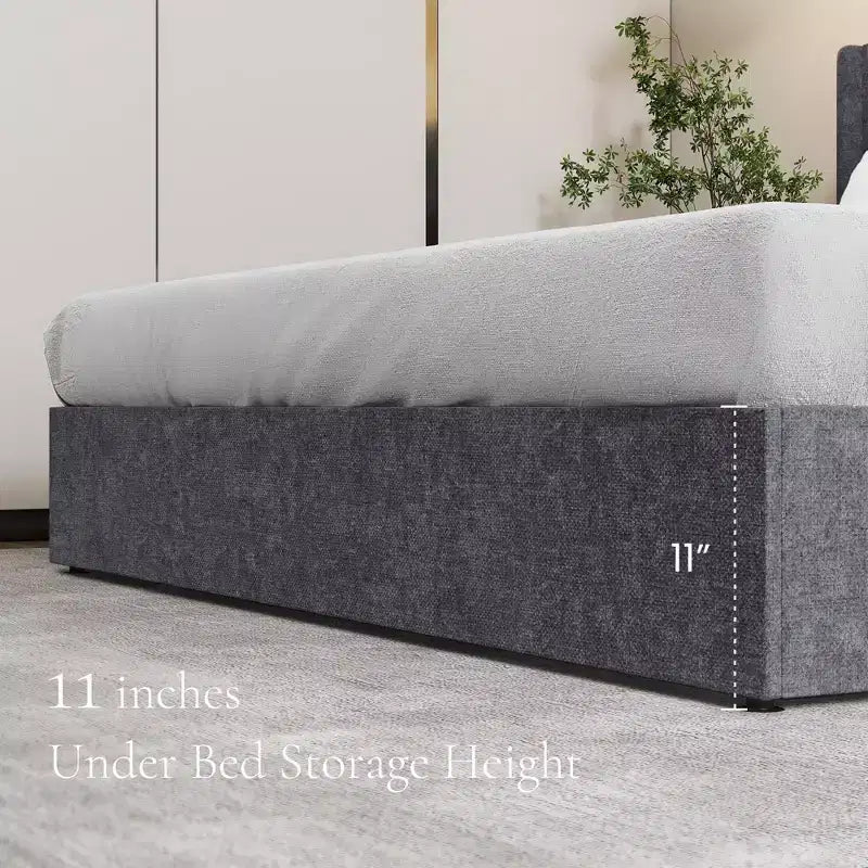 Cadre de lit de rangement rembourré gris, robuste 360 kg, 11 espaces de rangement sous le lit, silencieux, en bois massif, pas besoin de sommier tapissier, facile à monter - Grand lit