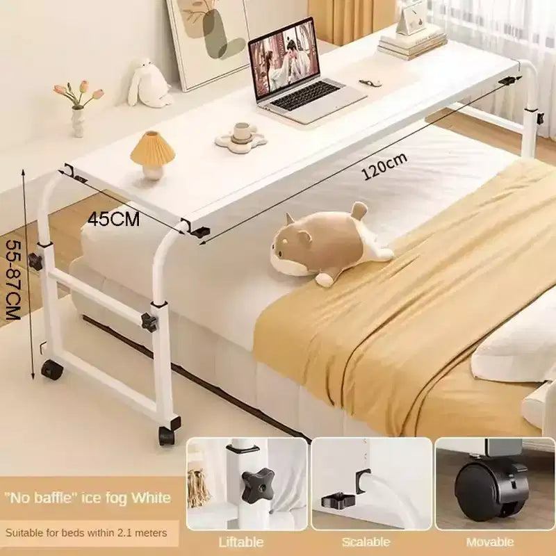Table de lit, bureau d'ordinateur portable de lit réglable en hauteur et en longueur sur roulettes, bord incurvé adapté aux lits simples aux grands lits, pour le salon, la chambre et la convalescence