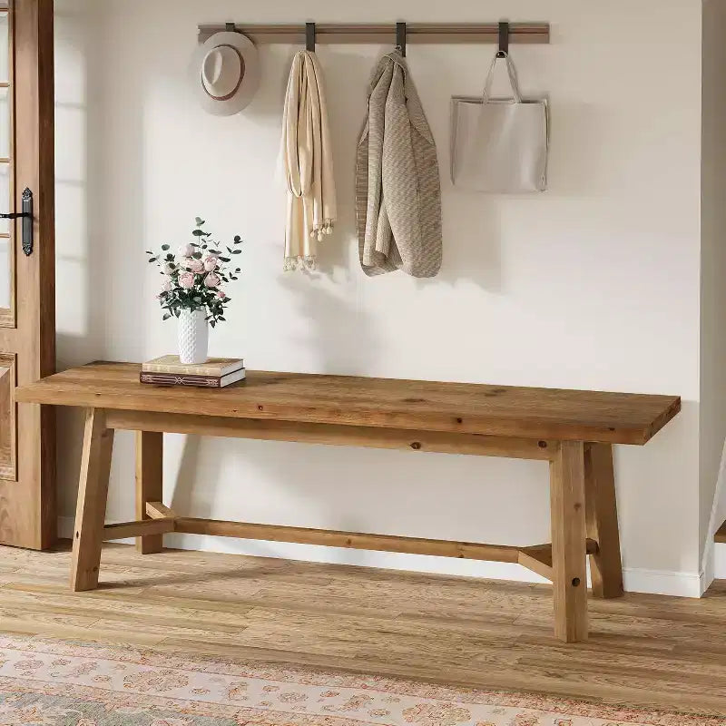 Lantine 55 Solid Wood Bench, Farmhouse Long Bench Seat for Entryway, Dining Room, Living Room, Solid Wood, Rustic Brown
