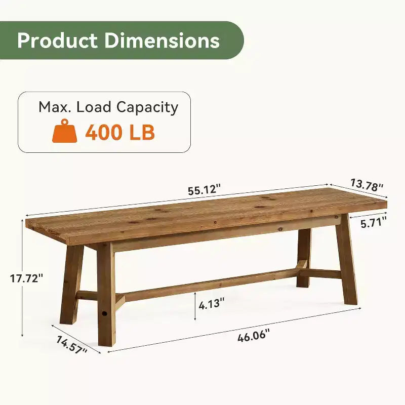 Banc en bois massif de 55 po, long banc de style rustique pour entrée, salle à manger, salon, en bois massif, brun rustique