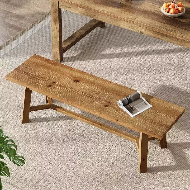 Banc en bois massif de 55 po, long banc de style rustique pour entrée, salle à manger, salon, en bois massif, brun rustique