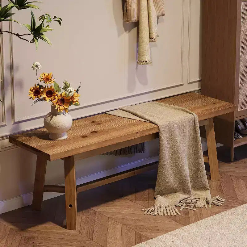 Banc en bois massif de 55 po, long banc de style rustique pour entrée, salle à manger, salon, en bois massif, brun rustique