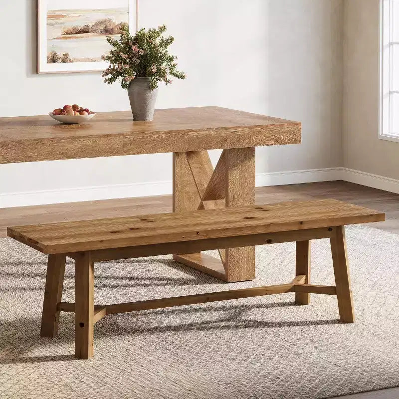 Banc en bois massif de 55 po, long banc de style rustique pour entrée, salle à manger, salon, en bois massif, brun rustique