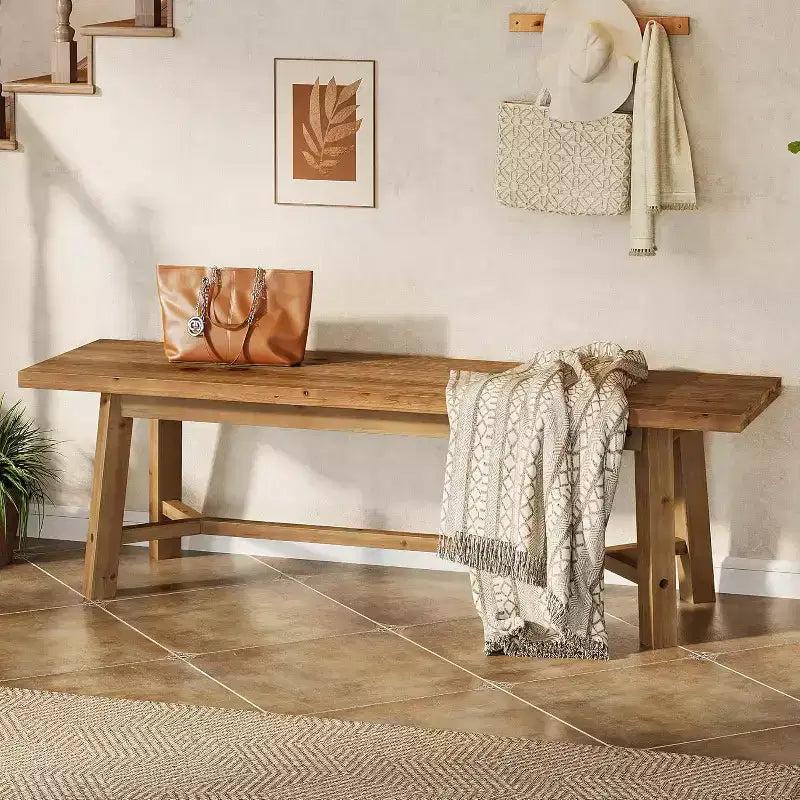 Banc en bois massif de 55 po, long banc de style rustique pour entrée, salle à manger, salon, en bois massif, brun rustique
