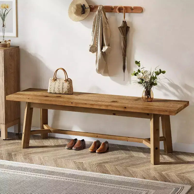 Banc en bois massif de 55 po, long banc de style rustique pour entrée, salle à manger, salon, en bois massif, brun rustique