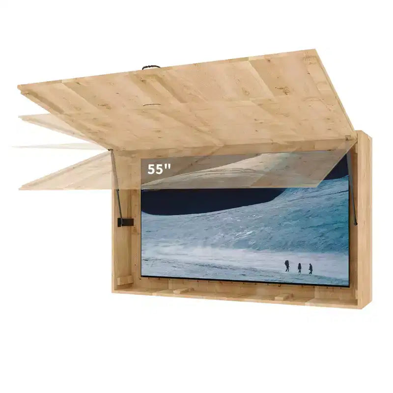 Meuble TV extérieur avec support réglable 4D et porte relevable, accès facile et angle de vue parfait pour le patio et le jardin