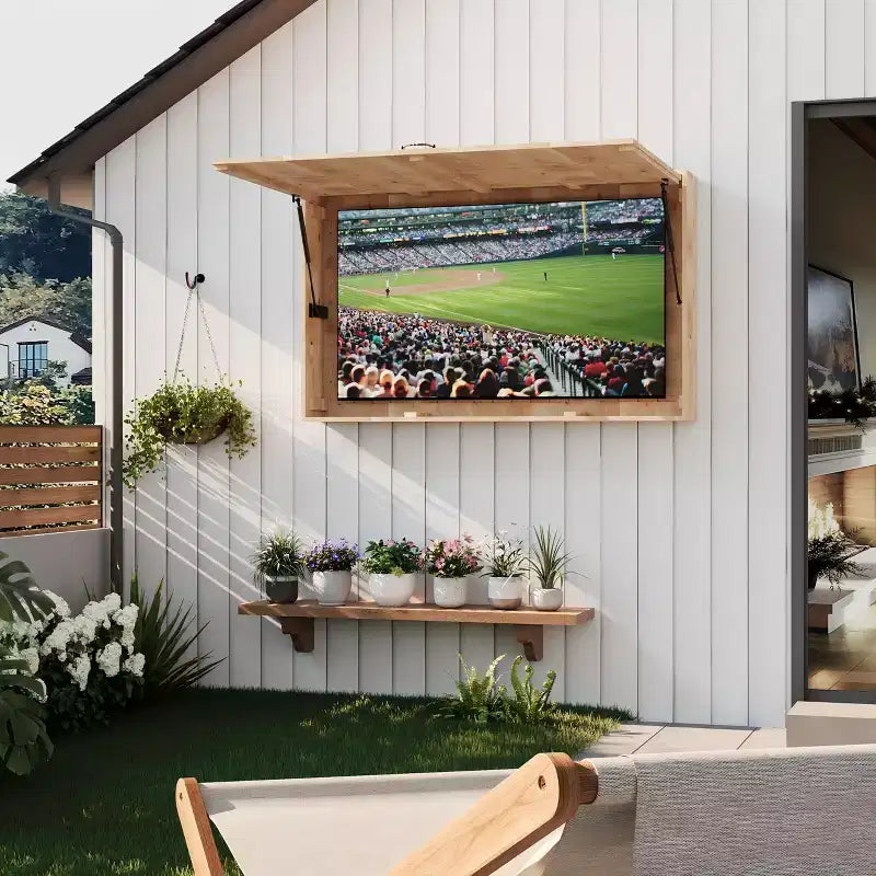 Meuble TV extérieur avec support réglable 4D et porte relevable, accès facile et angle de vue parfait pour le patio et le jardin