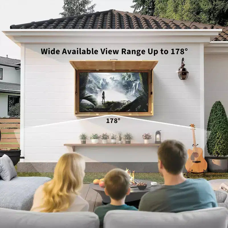 Meuble TV extérieur avec support réglable 4D et porte relevable, accès facile et angle de vue parfait pour le patio et le jardin
