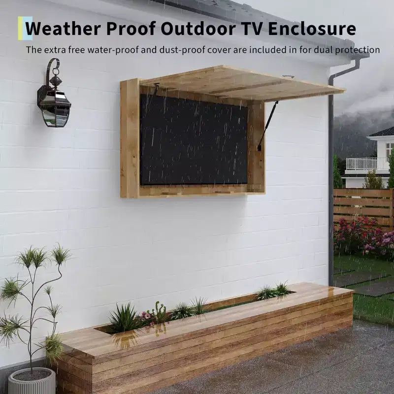 Meuble TV extérieur avec support réglable 4D et porte relevable, accès facile et angle de vue parfait pour le patio et le jardin