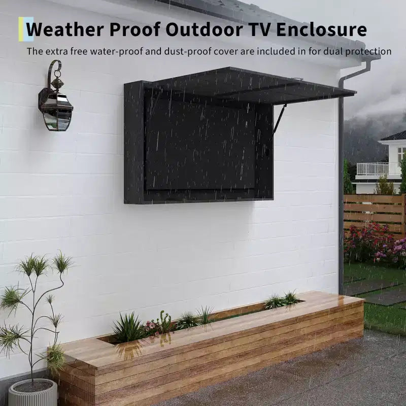 Meuble TV extérieur avec support réglable 4D et porte relevable, accès facile et angle de vue parfait pour le patio et le jardin