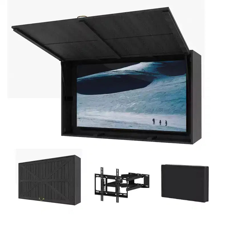 Meuble TV extérieur avec support réglable 4D et porte relevable, accès facile et angle de vue parfait pour le patio et le jardin