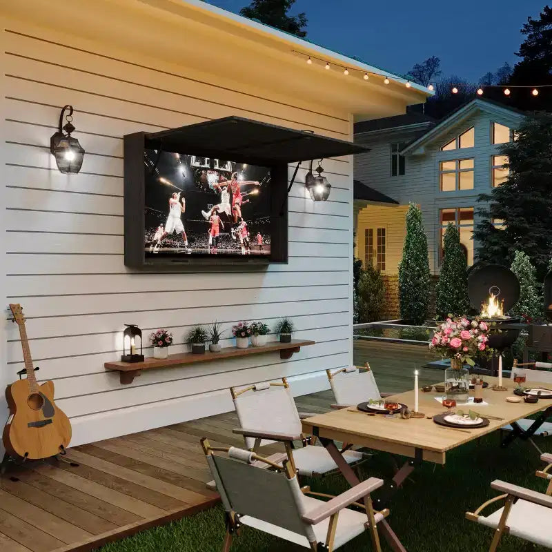 Meuble TV extérieur avec support réglable 4D et porte relevable, accès facile et angle de vue parfait pour le patio et le jardin