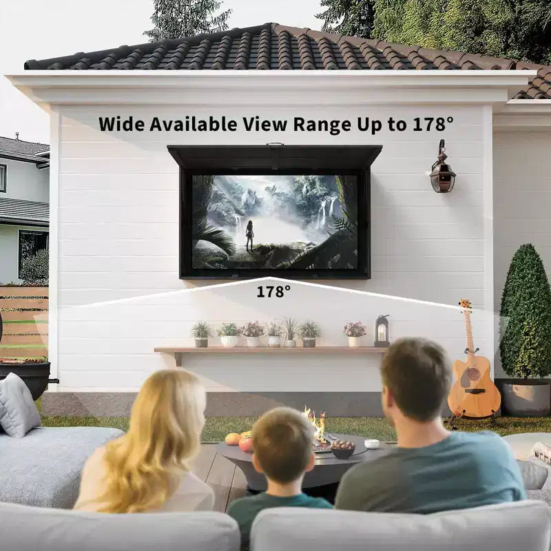 Meuble TV extérieur avec support réglable 4D et porte relevable, accès facile et angle de vue parfait pour le patio et le jardin