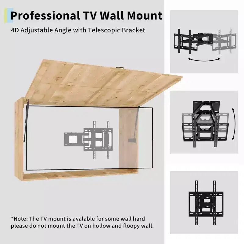 Meuble TV extérieur avec support réglable 4D et porte relevable, accès facile et angle de vue parfait pour le patio et le jardin