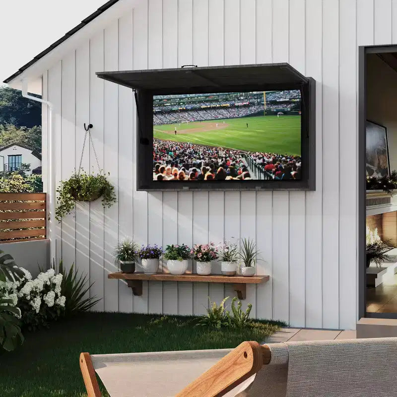 Outdoor TV Cabinet with 4D Adjustable Mount & Fold-Up Door, Easy Access and Perfect Viewing Angle for Patio & Garden