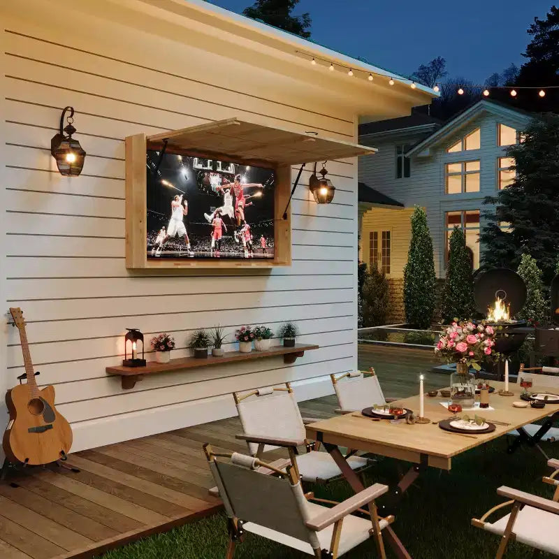 Meuble TV extérieur avec support réglable 4D et porte relevable, accès facile et angle de vue parfait pour le patio et le jardin
