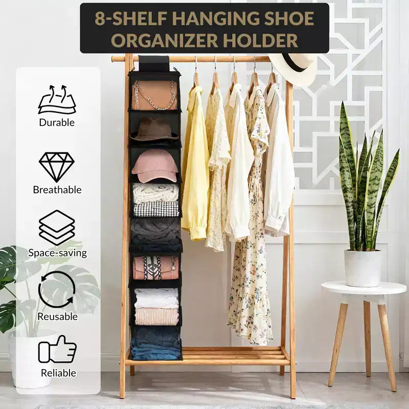 Organisateur de chaussures suspendu, 8 étagères de rangement avec 2 crochets, installation sans outils, étagère peu encombrante pour chaussures, sacs à main, écharpes
