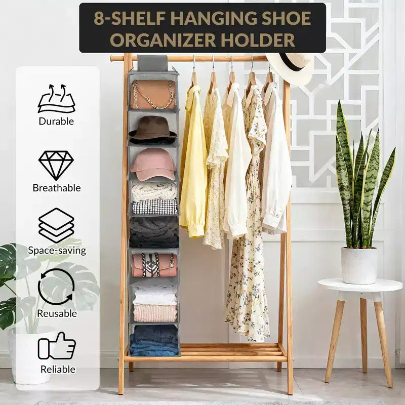 Organisateur de chaussures suspendu, 8 étagères de rangement avec 2 crochets, installation sans outils, étagère peu encombrante pour chaussures, sacs à main, écharpes