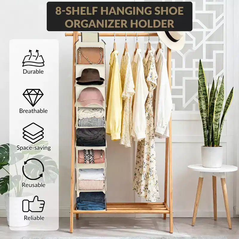 Organisateur de chaussures suspendu, 8 étagères de rangement avec 2 crochets, installation sans outils, étagère peu encombrante pour chaussures, sacs à main, écharpes