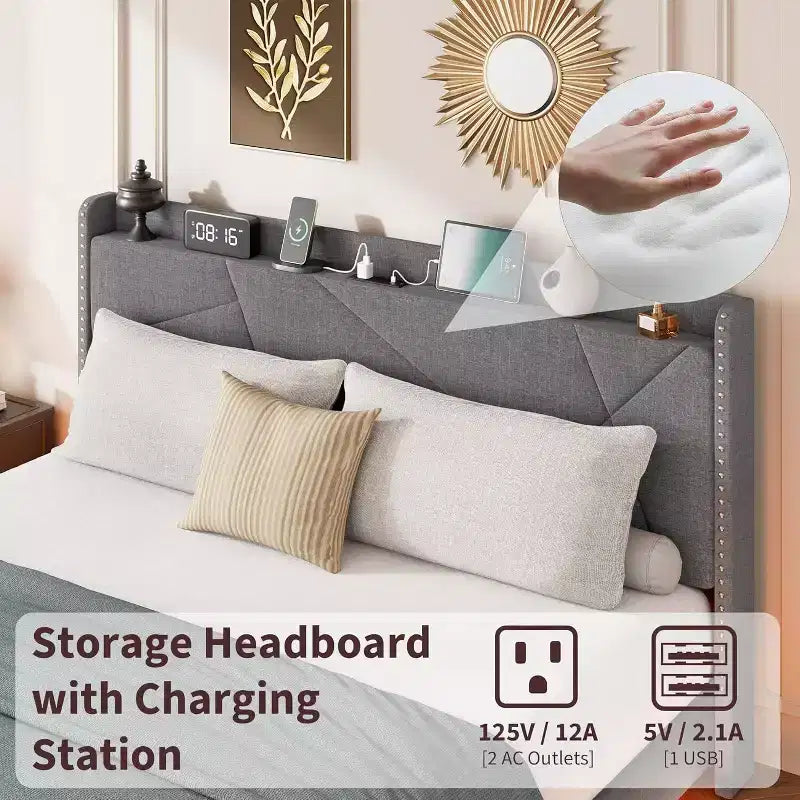 Cadre de lit plateforme tapissé flottant avec lumières LED et station de recharge