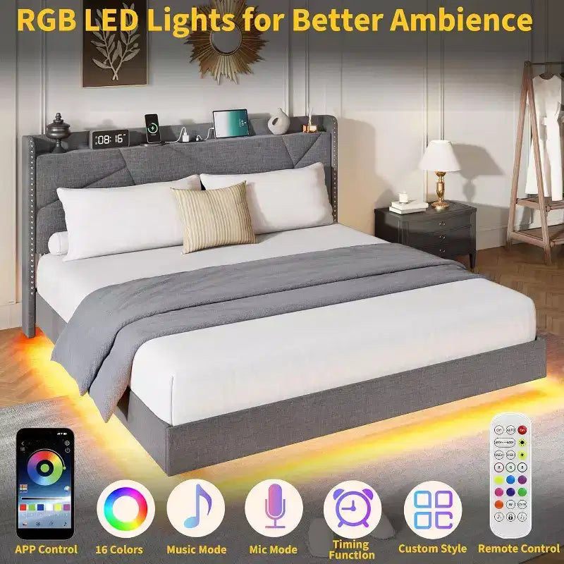 Cadre de lit plateforme tapissé flottant avec lumières LED et station de recharge