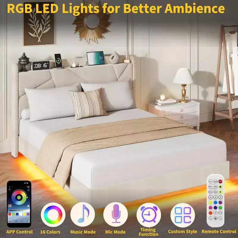 Cadre de lit plateforme tapissé flottant avec lumières LED et station de recharge