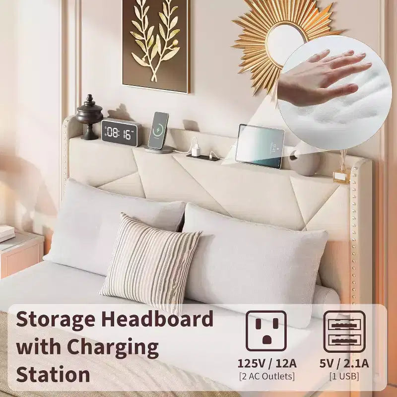 Cadre de lit plateforme tapissé flottant avec lumières LED et station de recharge