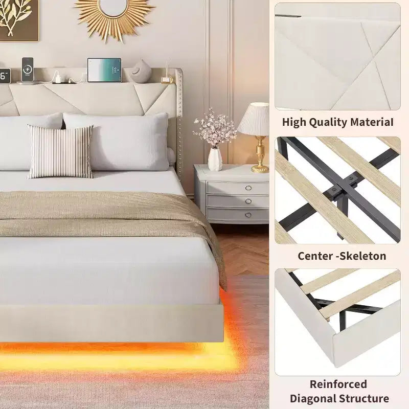 Cadre de lit plateforme tapissé flottant avec lumières LED et station de recharge