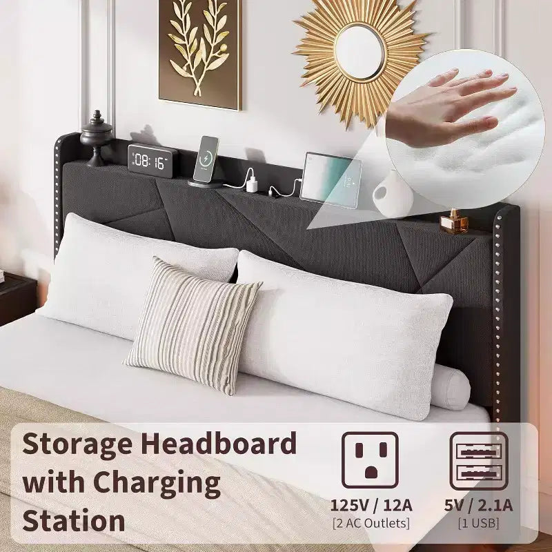 Cadre de lit plateforme tapissé flottant avec lumières LED et station de recharge