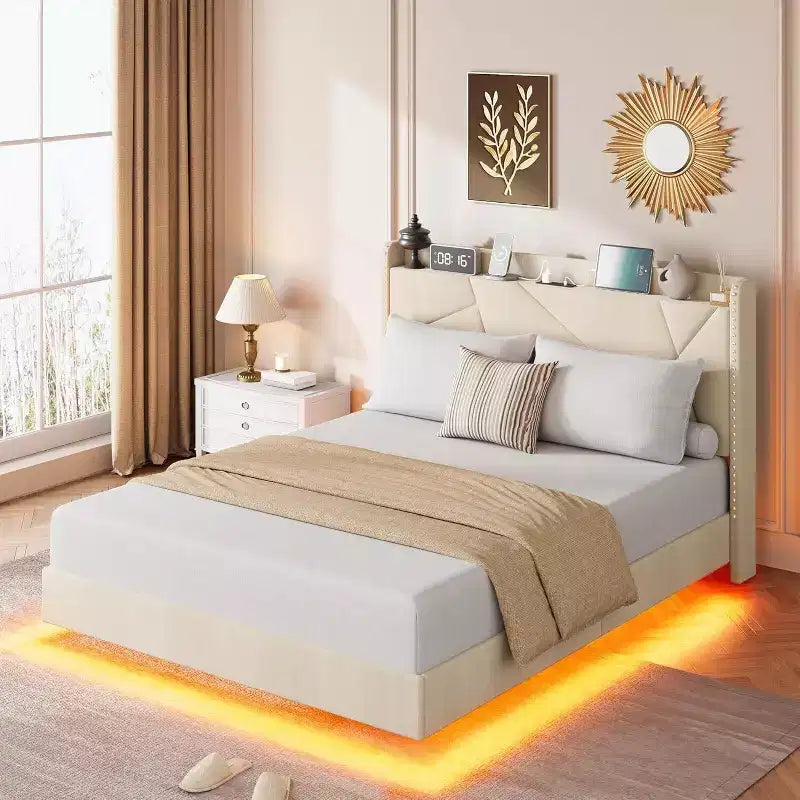 GustoWave Floating Upholstered Platform Bed Frame with LED Lights & Charging Station