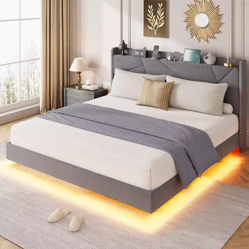 Cadre de lit plateforme tapissé flottant avec lumières LED et station de recharge